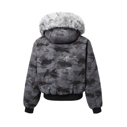 Camouflage Fake Fur Collar Multi-Zipper Short Puffer Jacket WN27891