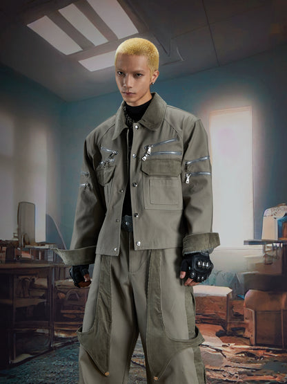 Deconstruction Patchwork Corduroy Zipper Decor Jacket WN21369