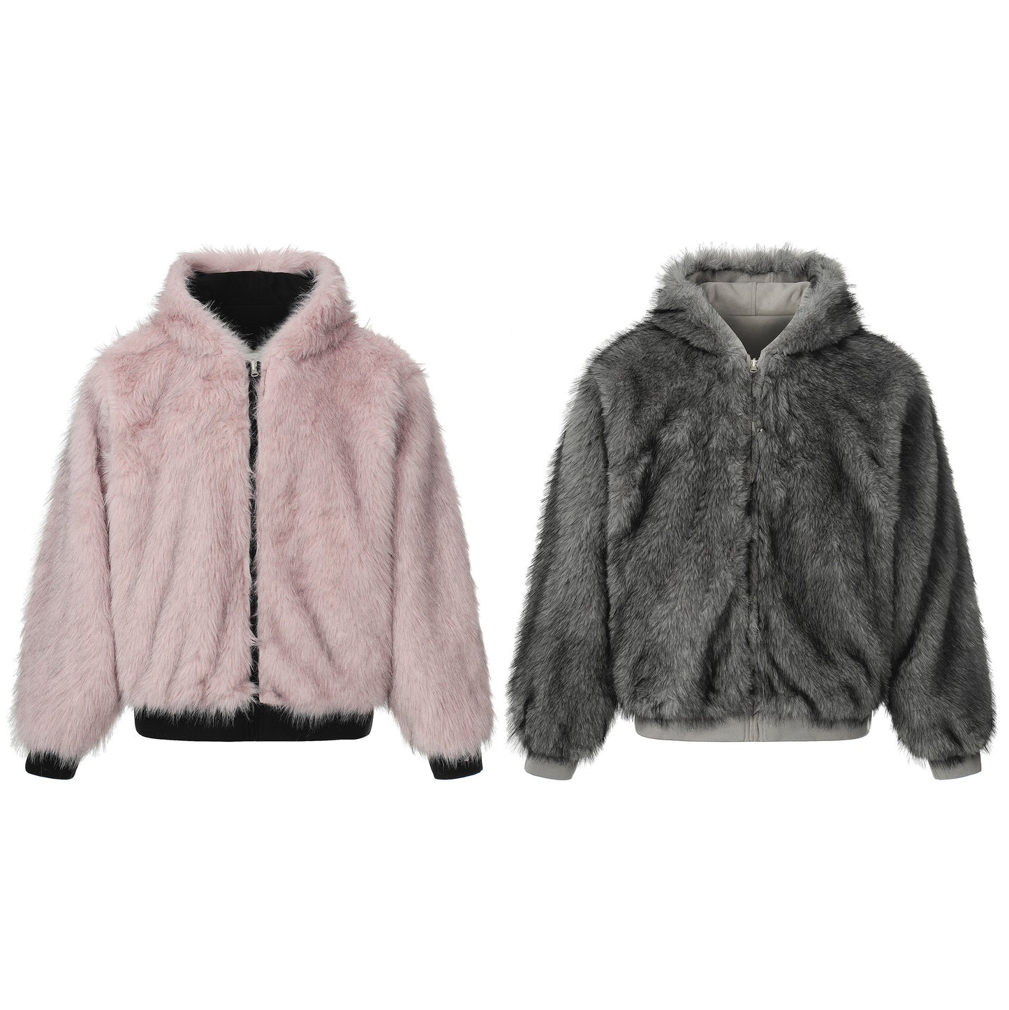 Reversible Fake Fur Collar Fleece Lining Hooded Zipper Jacket WN21863