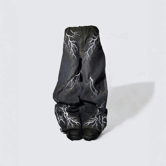 Lightning Thorn Washed Curved Wide Leg Denim Jeans WN27863