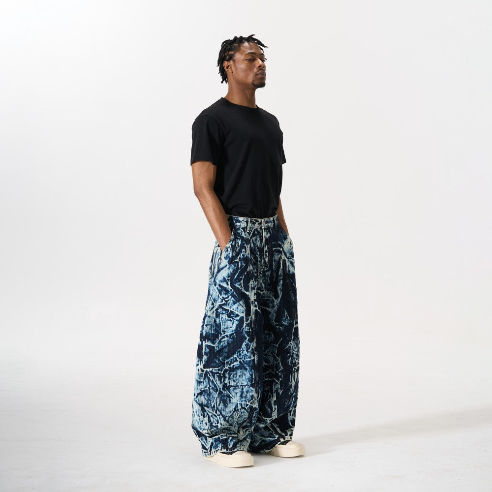 Abstract Print Wide Leg Denim Jeans WN28011