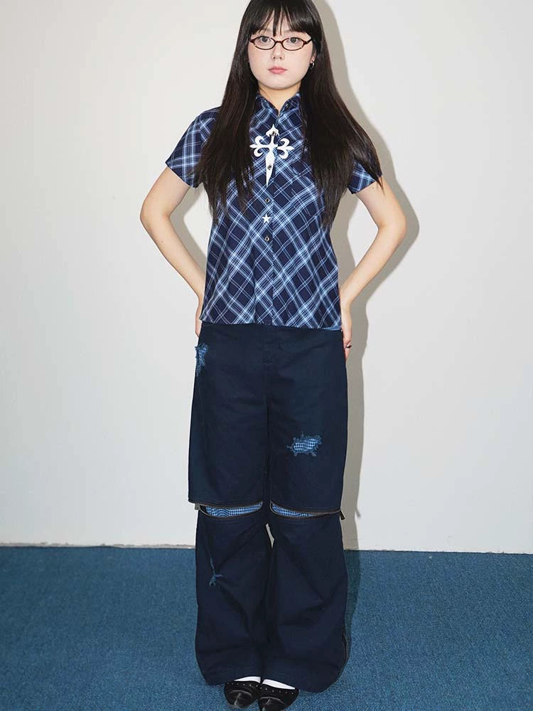 Plaid Mix Damage Wide Leg Pants WN19000