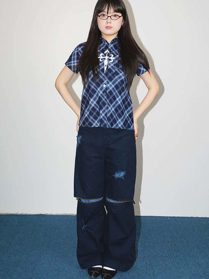 Plaid Mix Damage Wide Leg Pants WN19000