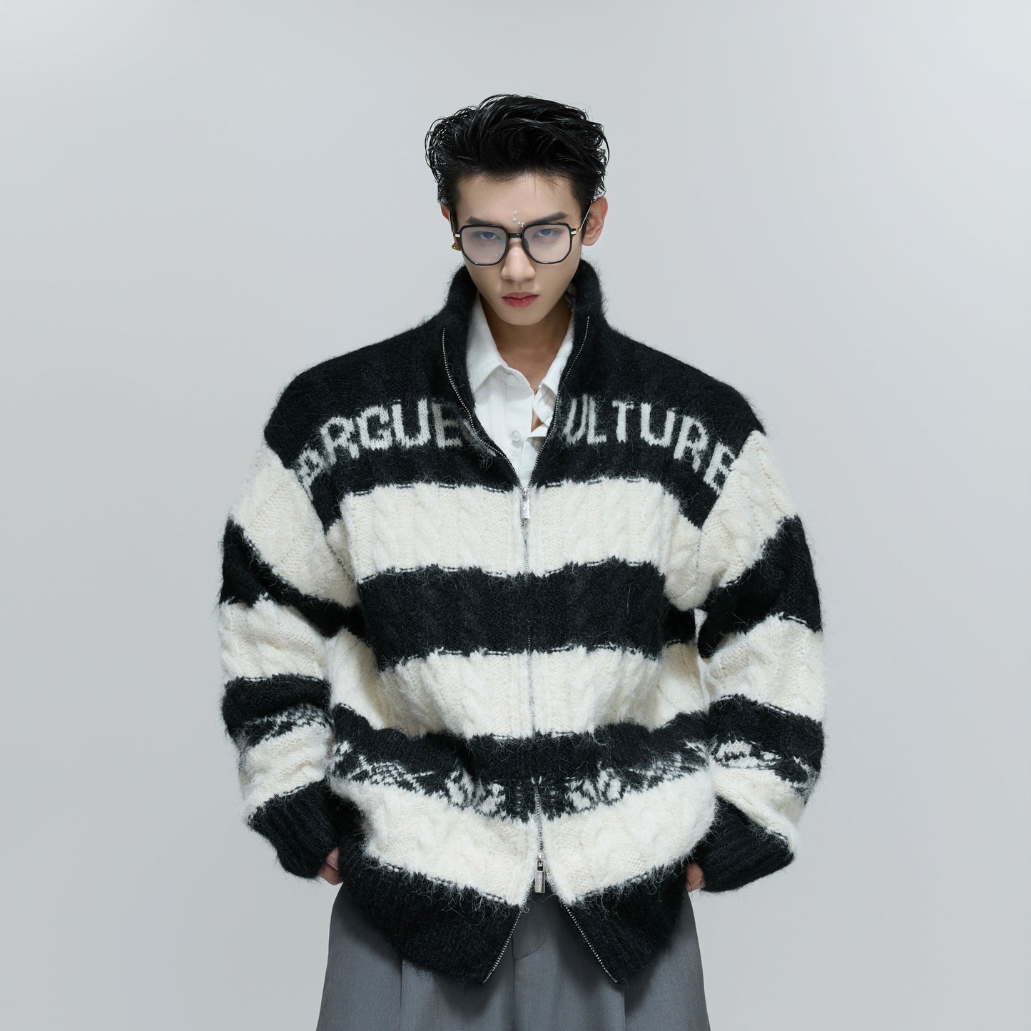 Colorblock Chunky Knit Zipper Cardigan WN21715