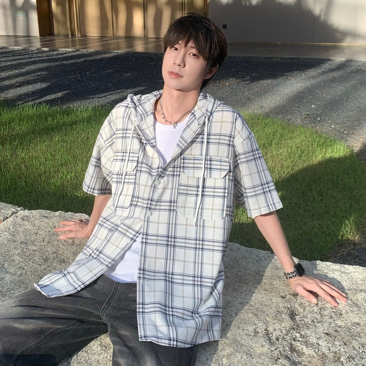 Plaid Hooded Short Sleeve Shirt WN25195