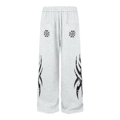 Totem Print Elastic Waist Fleece Lining Straight Sporty Pants WN22885