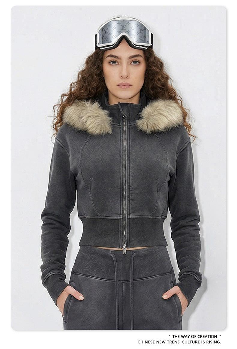 Fake Fur Lining Zip-Up Cropped Zipper Hoodie WN23115