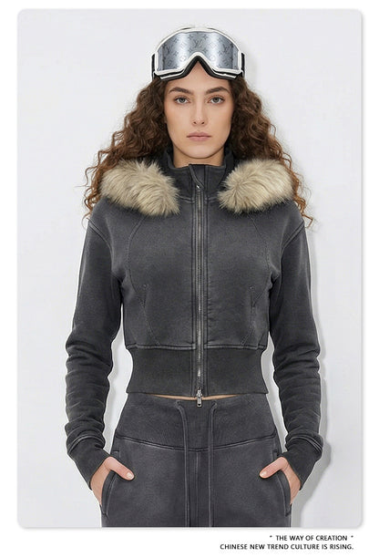 Fake Fur Lining Zip-Up Cropped Zipper Hoodie WN23115