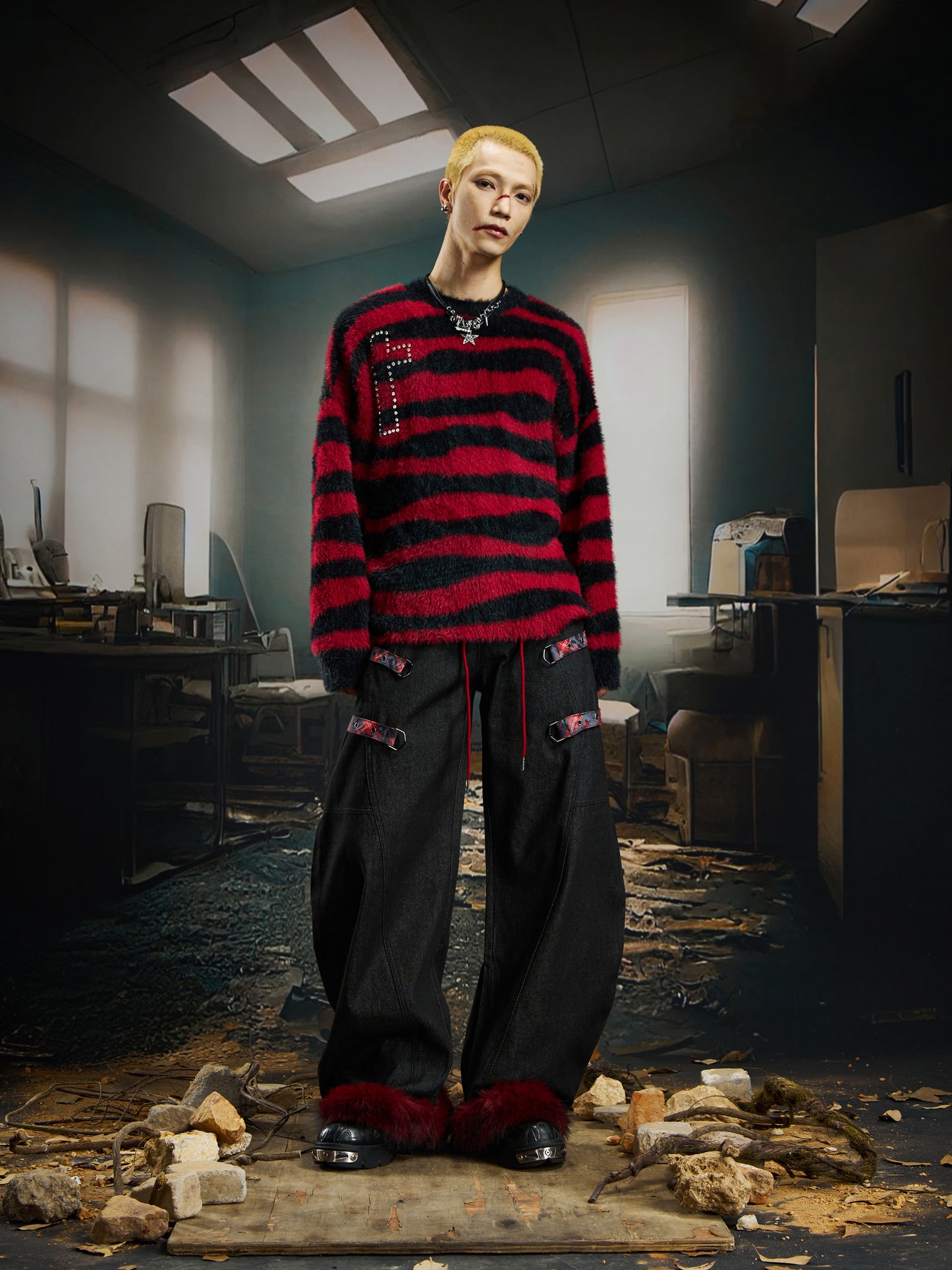 Striped Rhinestone Fake Mohair Oversize Knit Sweater WN22733