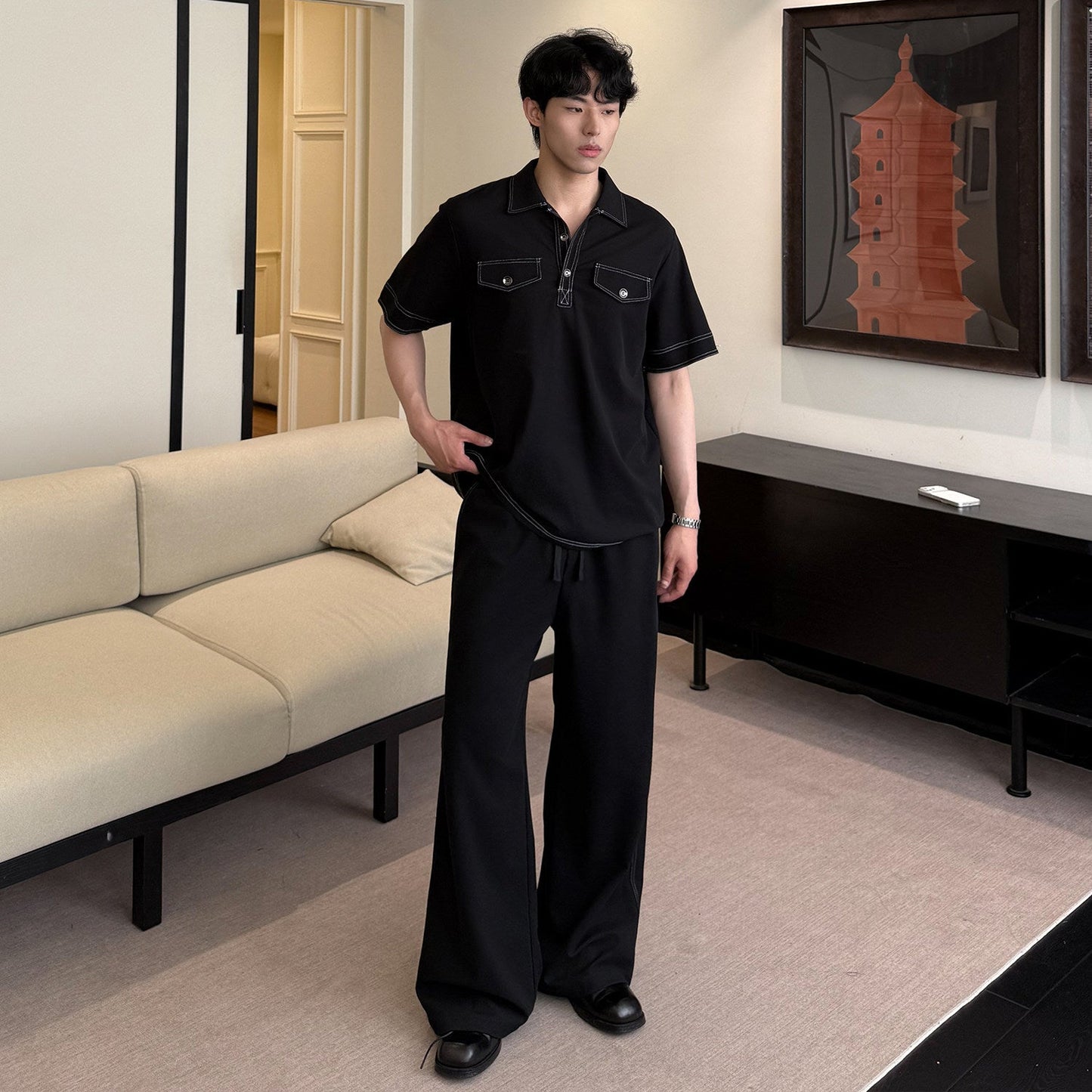Contrast Stitch Short Sleeve Shirt & Wide Leg Trousers Setup WN24871