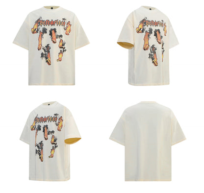 Washed Flame Bullet Graphic Oversize Short Sleeve T-Shirt WN26229