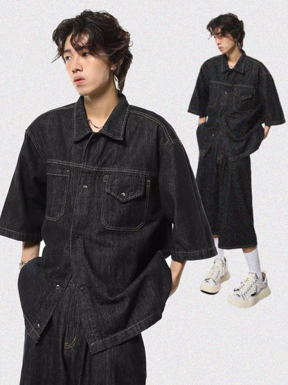 Washed Oversize Short Sleeve Denim Shirt & Half Denim Jeans Setup WN7098