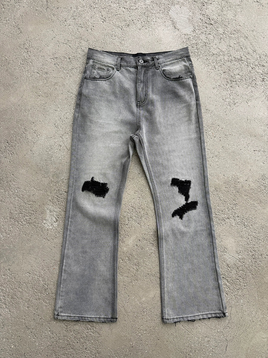 Washed Damage Micro Flare Design Denim Jeans WN17651