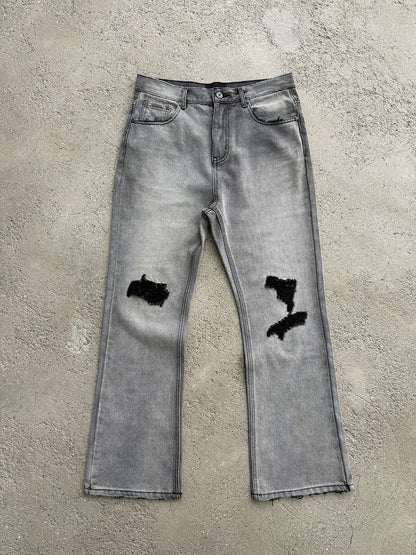 Washed Damage Micro Flare Design Denim Jeans WN17651