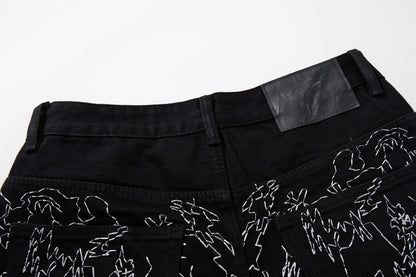 All-Over Embroidery Washed Wide Leg Denim Jeans WN27835