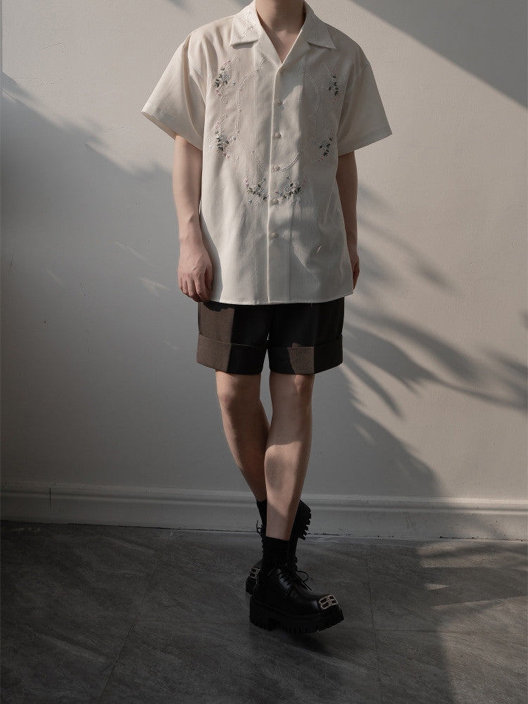 Floral Embroidery Open Collar Short Sleeve Shirt WN23614