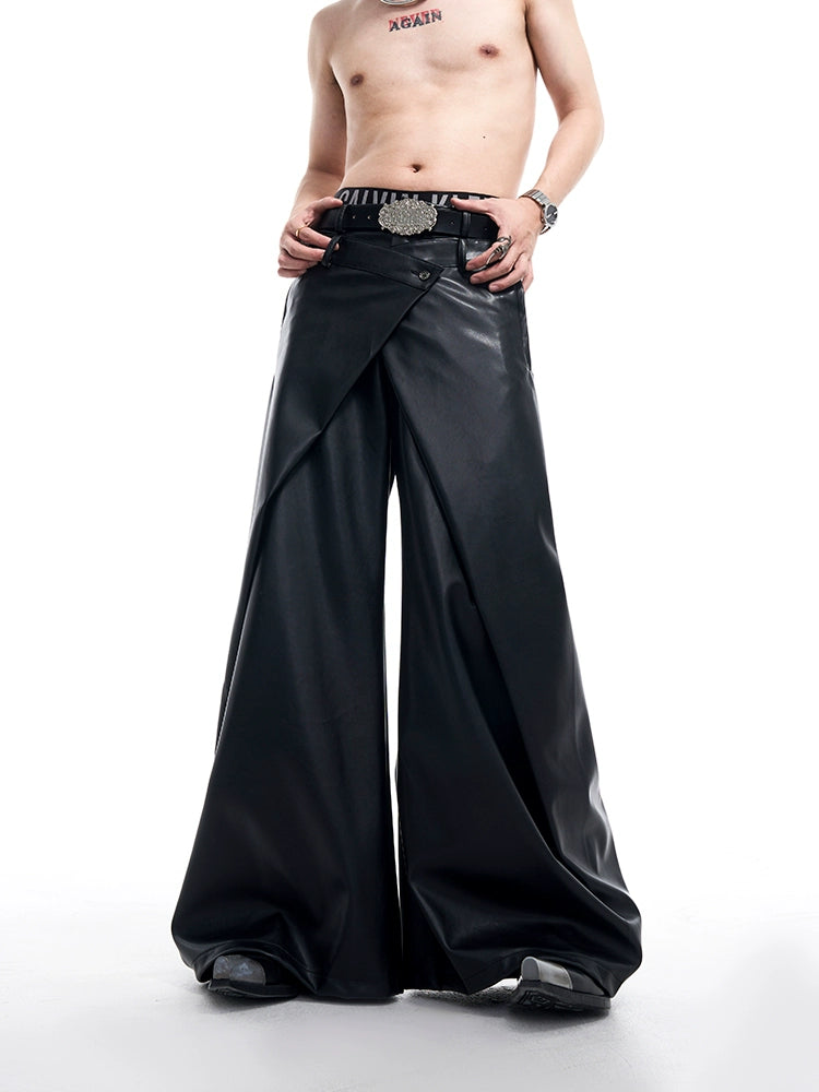 Asymmetrical Double-Pleats Wide-Leg PU Leather Pants WN10163