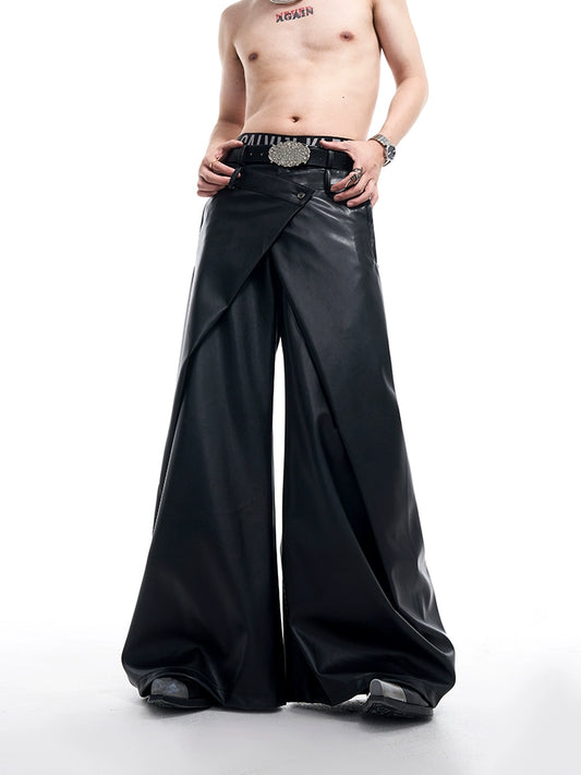 Asymmetrical Double-Pleats Wide-Leg PU Leather Pants WN10163