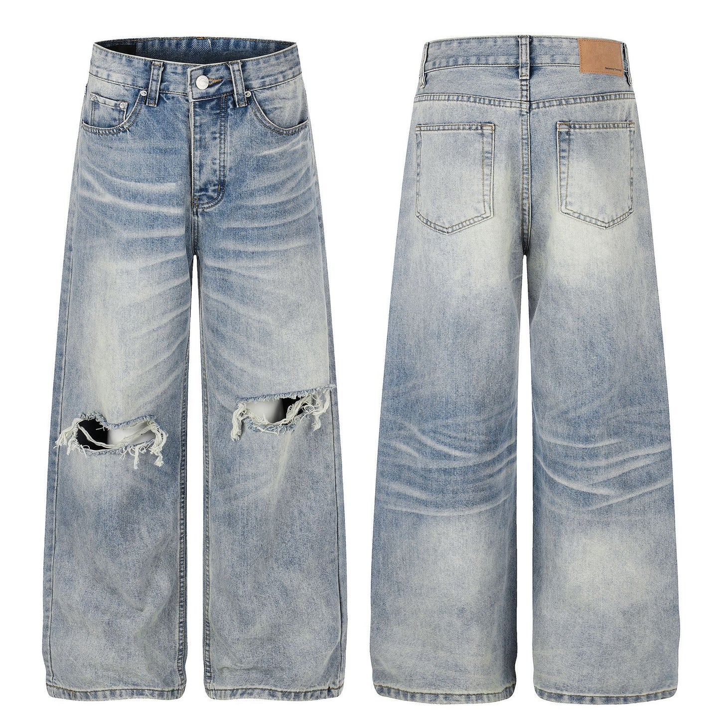Washed Damage Whisker Wide Leg Denim Jeans WN26019