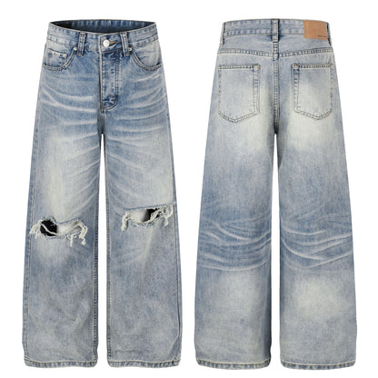 Washed Damage Whisker Wide Leg Denim Jeans WN26019