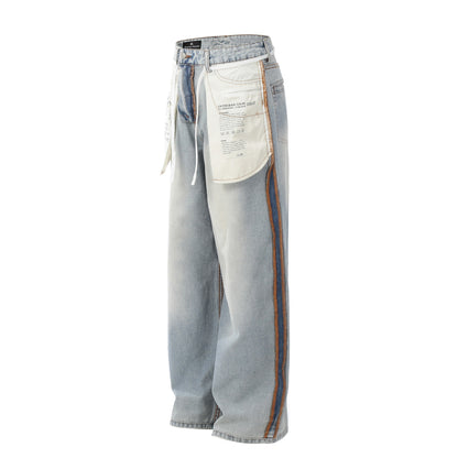 Washed Pocket Side Line Wide Leg Denim Jeans WN25824