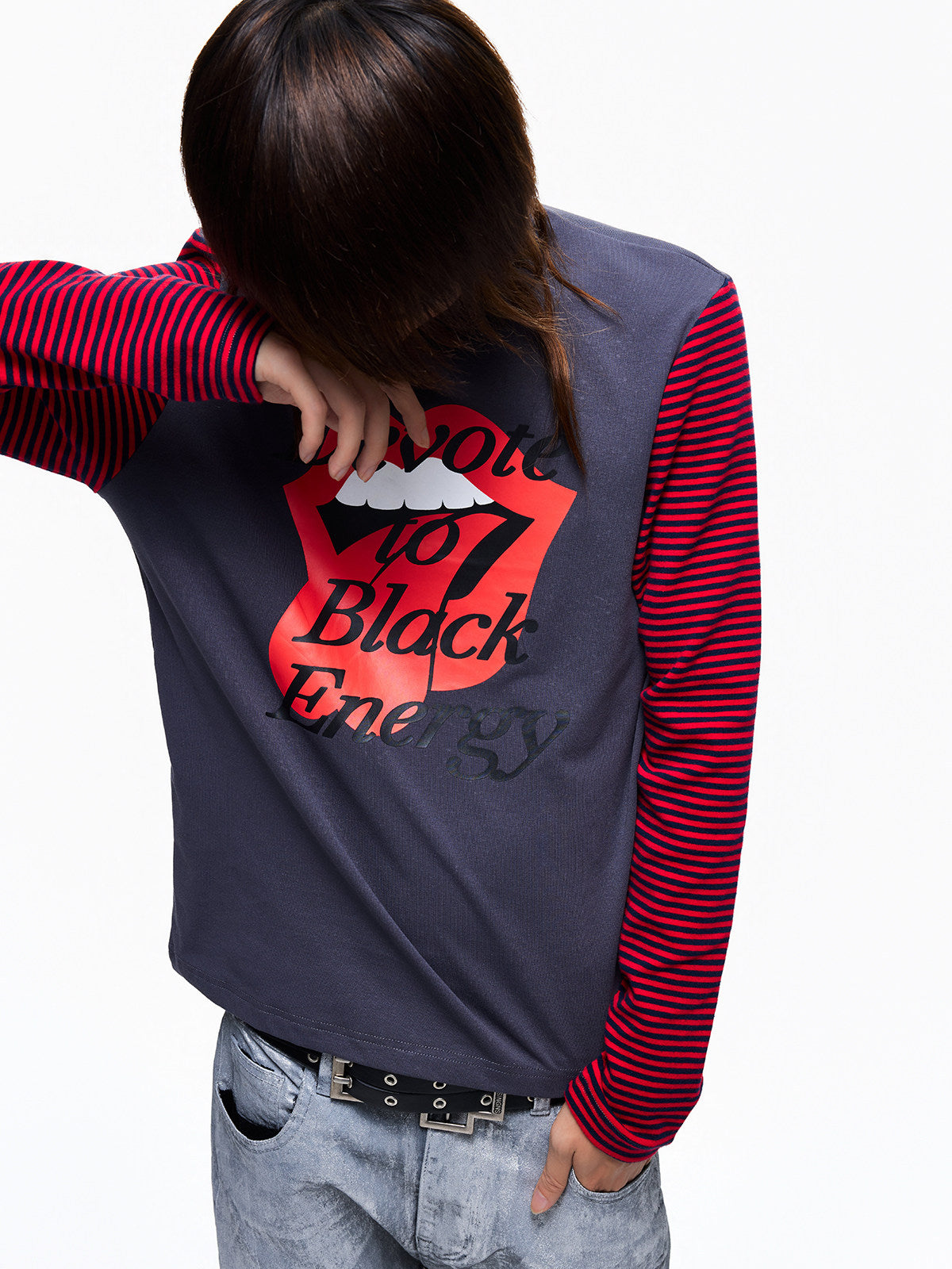 Stripe Panel Raglan Sleeve Print Long Sleeve T-Shirt WN27369