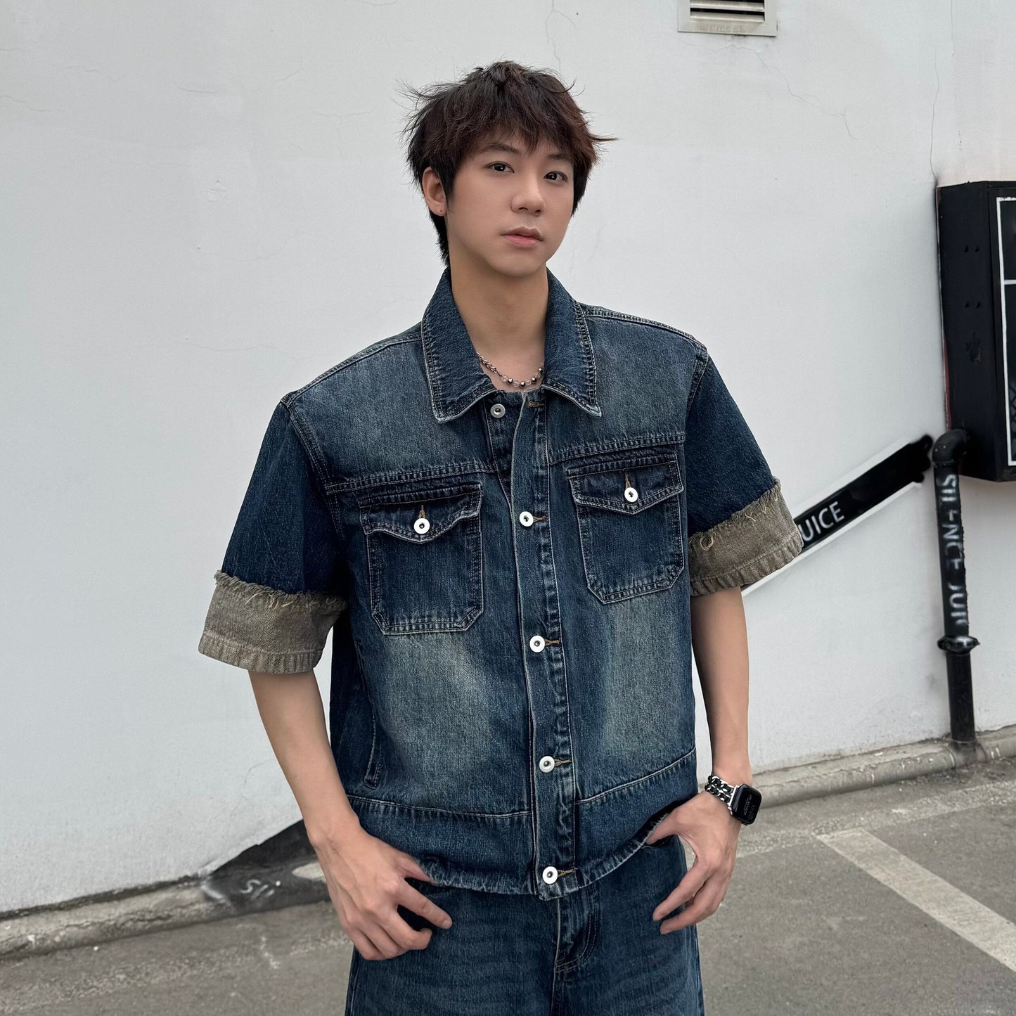 Contrast Cuff Denim Jacket & Wide Leg Denim Jeans Setup WN25367