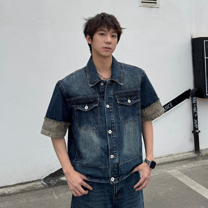 Contrast Cuff Denim Jacket & Wide Leg Denim Jeans Setup WN25367