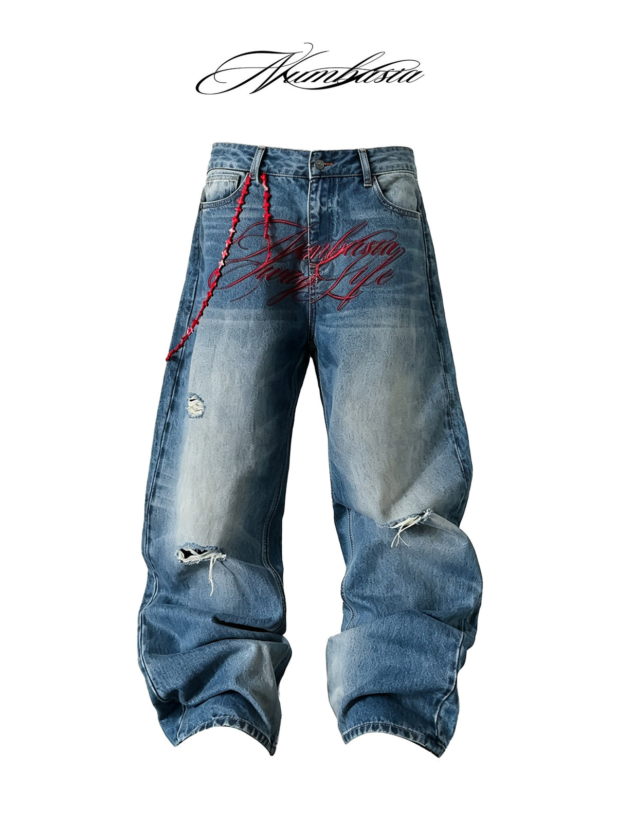Damage Washed Letter Print Wide Leg Denim Jeans WN27222