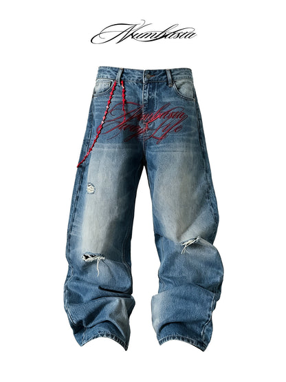 Damage Washed Letter Print Wide Leg Denim Jeans WN27222