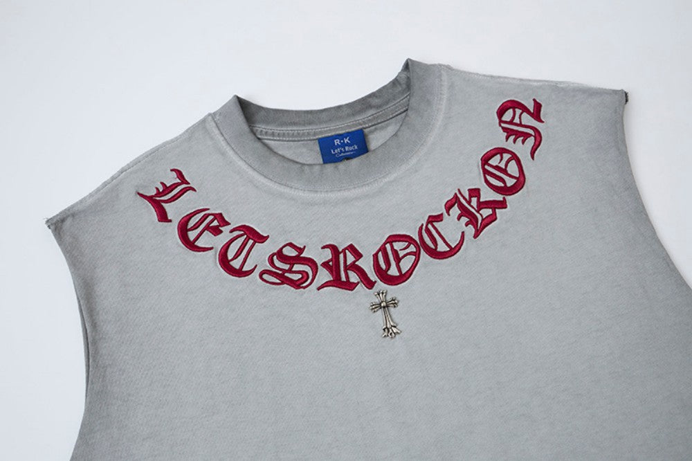 Washed Gothic Letter Embroidery Sleeveless T-Shirt WN27947