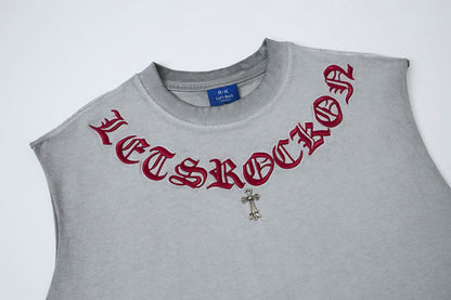 Washed Gothic Letter Embroidery Sleeveless T-Shirt WN27947