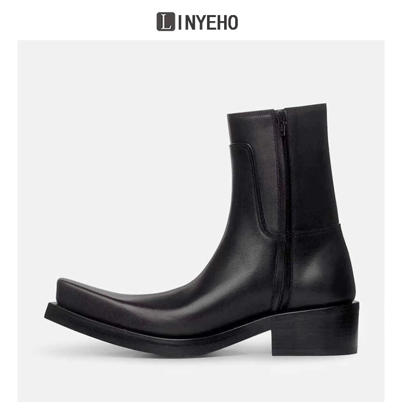 Square Toe Chunky Sole Leather Upturned Toe Chelsea Boots WN20603