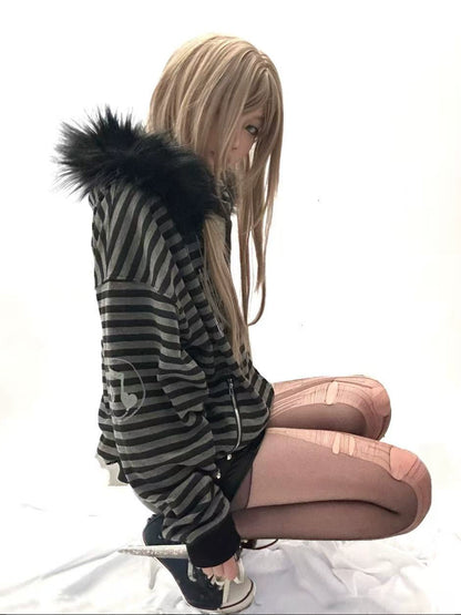 Stripe Fake Fur Collar Knit Zipper Hoodie WN20901