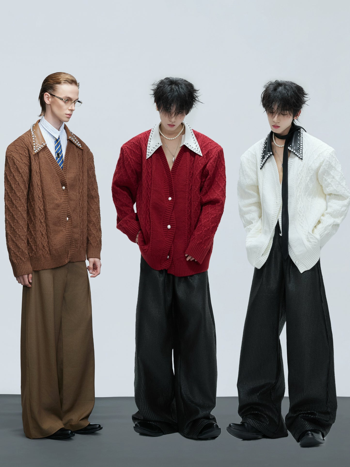 Fake Layered Pearl Embellished Lapel Thick Knit Cardigan WN21722