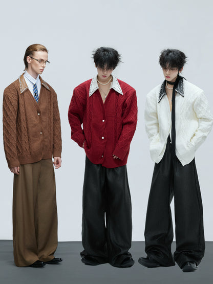 Fake Layered Pearl Embellished Lapel Thick Knit Cardigan WN21722