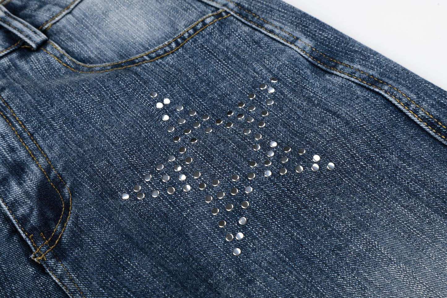 Washed Star Rhinestone Wide Leg Denim Jeans WN25458