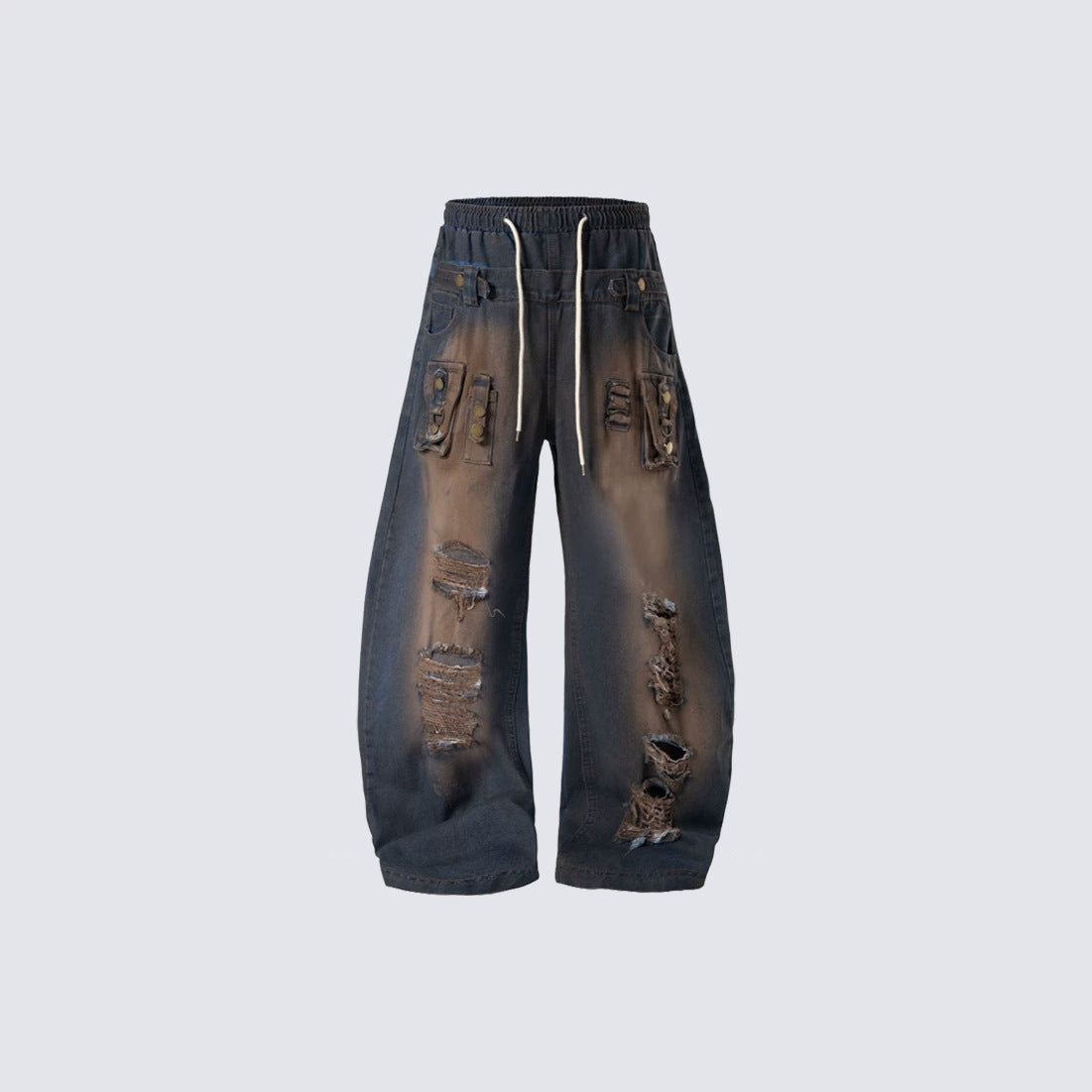 Damage Cargo Pocket Drawstring Wide Leg Denim Jeans WN27995
