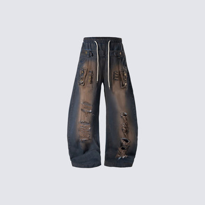 Damage Cargo Pocket Drawstring Wide Leg Denim Jeans WN27995