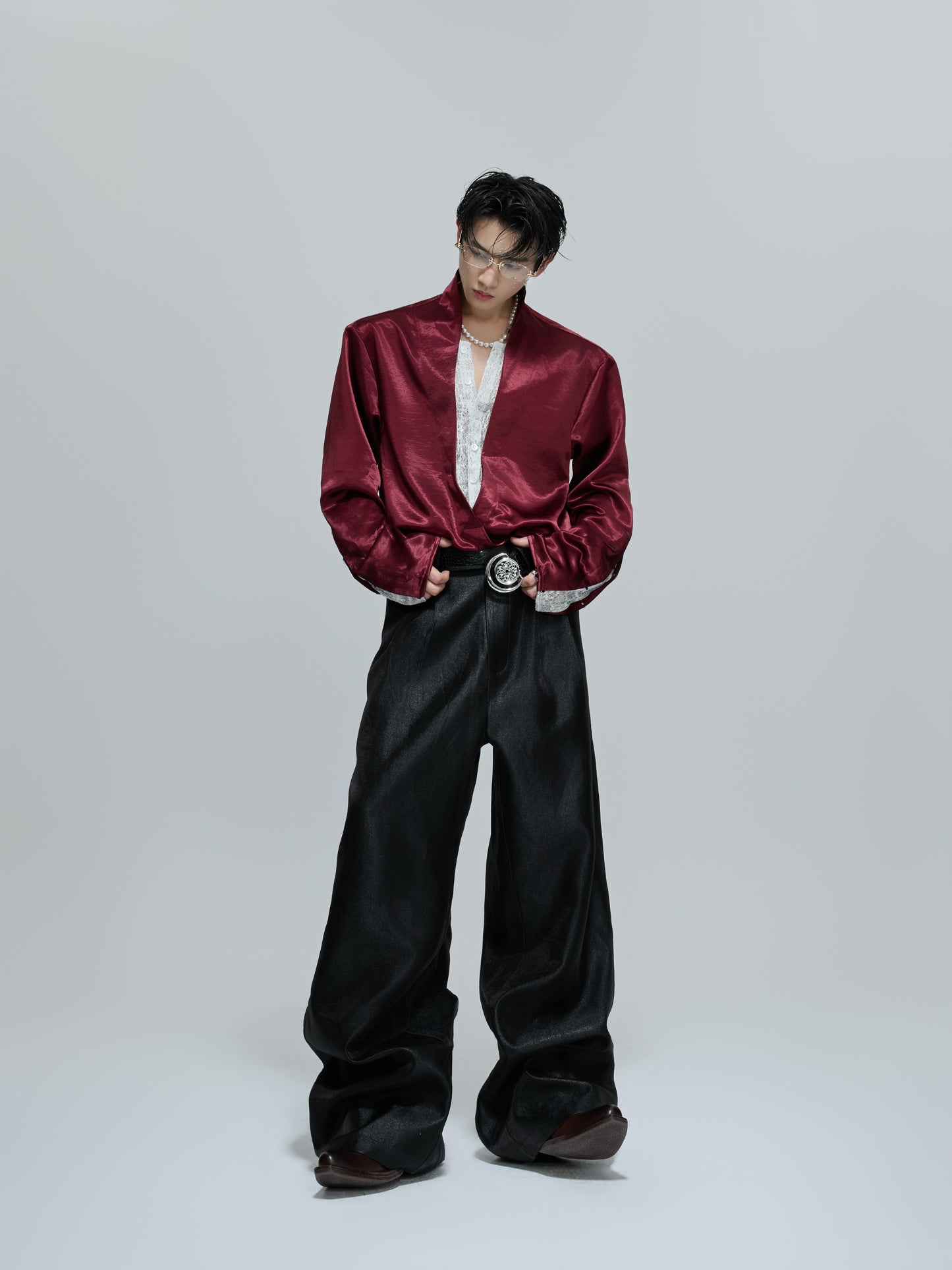 Fake Layered V-Neck Lace Satin Long Sleeve Shirt WN21712