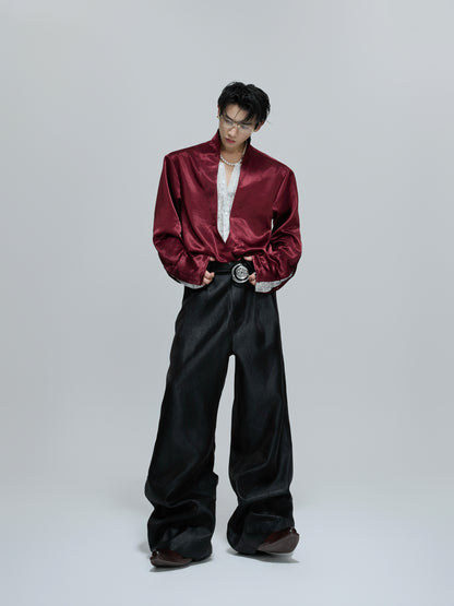 Fake Layered V-Neck Lace Satin Long Sleeve Shirt WN21712