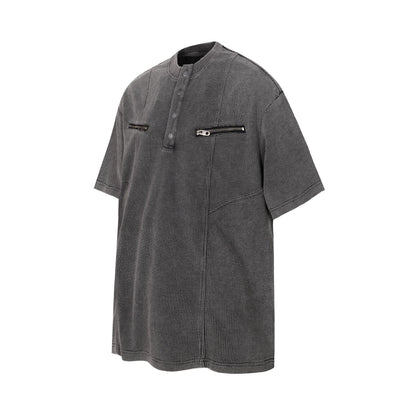 Half-Open Collar Check Wash Damage Short Sleeve T-Shirt WN25643