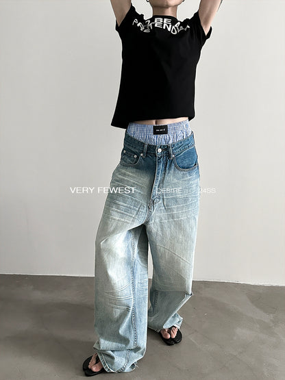 3D Washed Wide Leg Denim Jeans WN8891