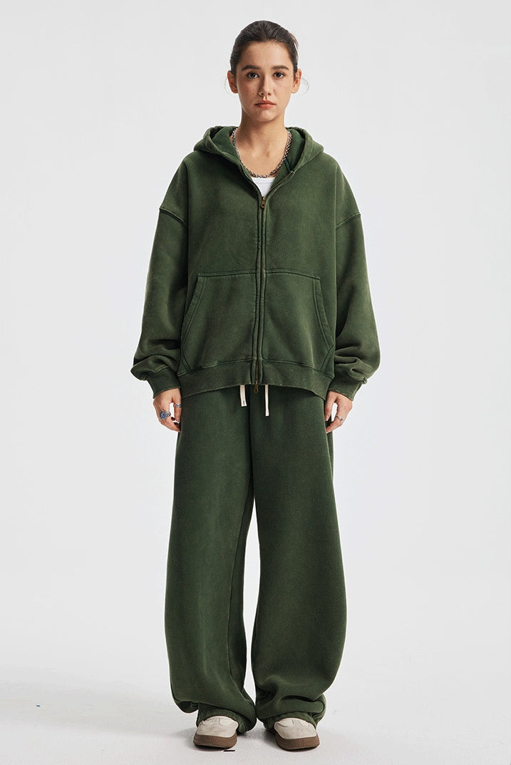 Fleece Lining Zip-Up Wax Dye Zipper Hoodie & Wide Leg Pants Sweatpants WN23112