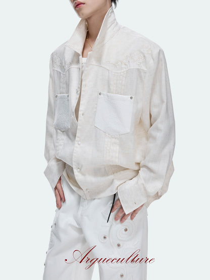 Floral Embroidery Linen Leather Panel Pleats Jacket WN27042