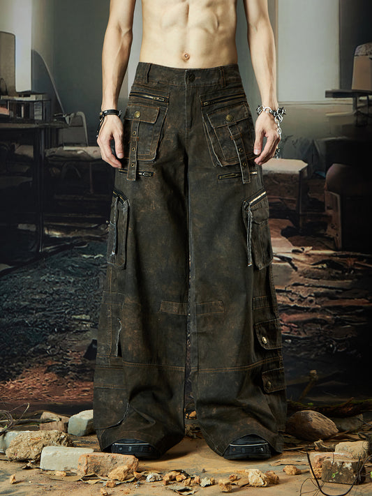 Multi-Pocket Strap Zipper Patchwork Wide Leg Cargo Pants WN18411