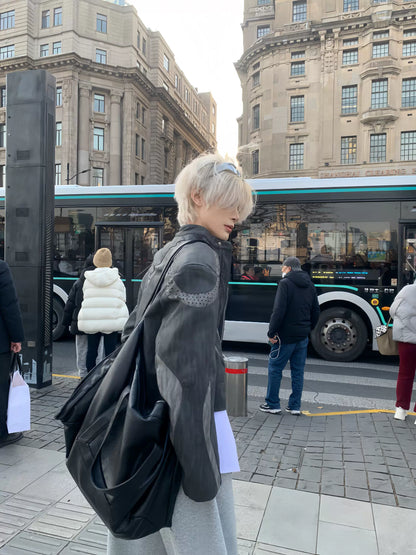 Heavy Pleats Standing-Collar PU Leather Jacket WN19795