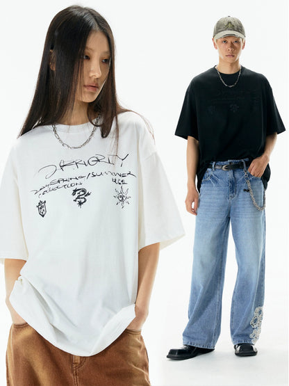 Hand-Drawn Print Oversize Short Sleeve T-Shirt WN18918