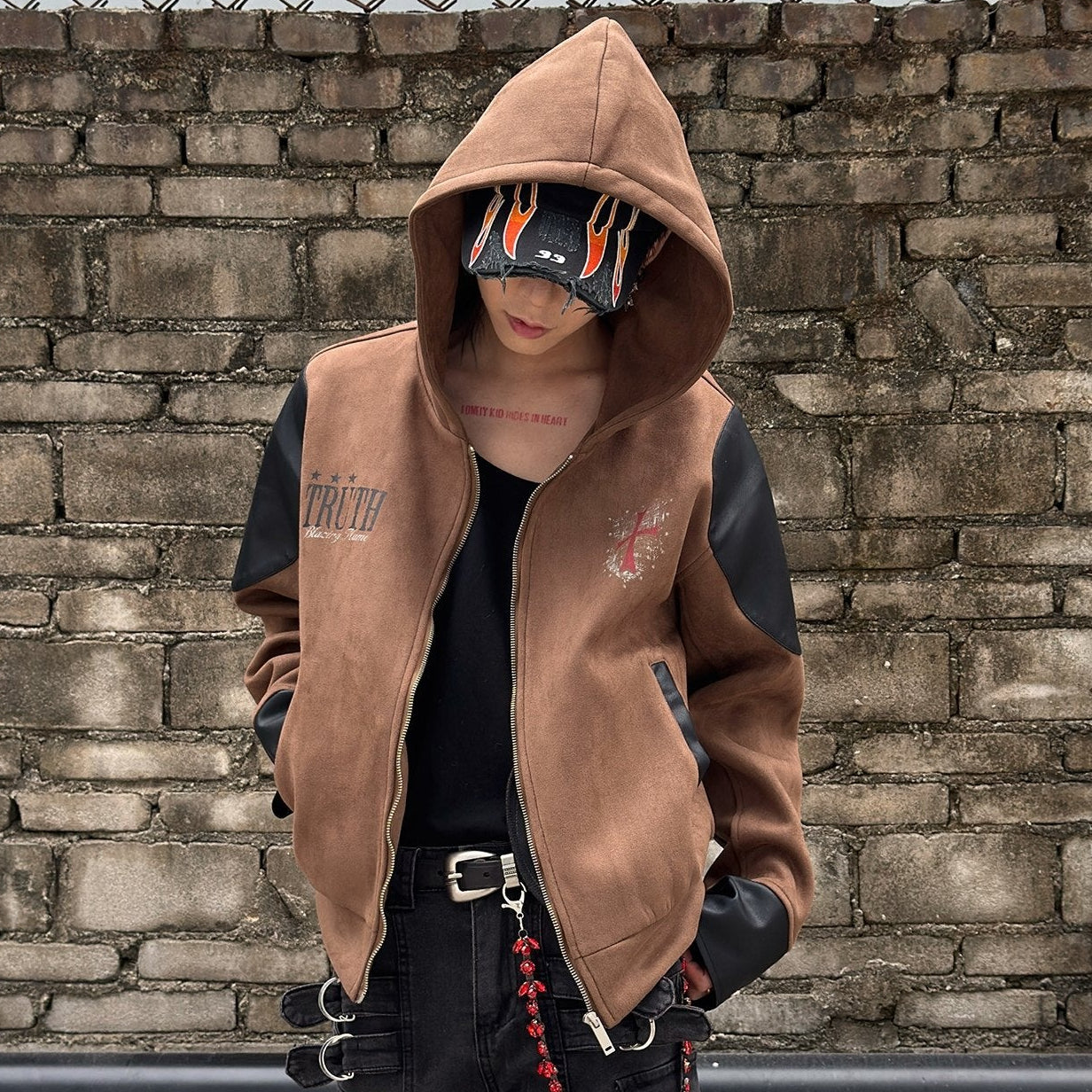 PU Leather Mix Suede Short Jacket WN22982