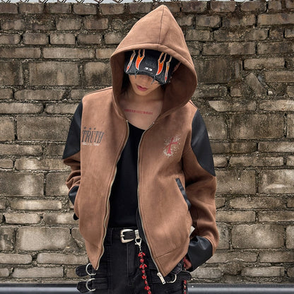 PU Leather Mix Suede Short Jacket WN22982